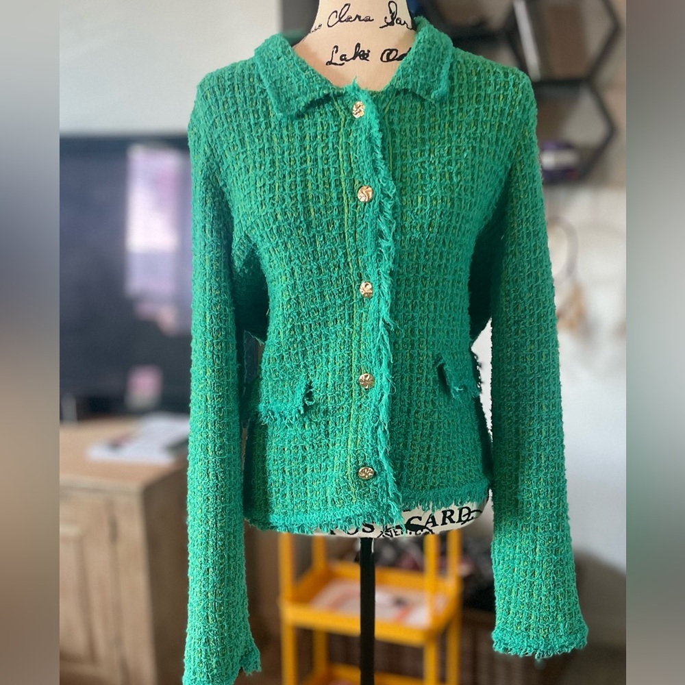 Mango Green Textured Fringe Button-Up Blazer